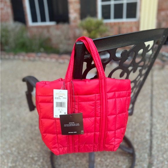 Michael Kors Stirling Small Quilted Padded Tote Bag Color Crimson New - Picture 4 of 6